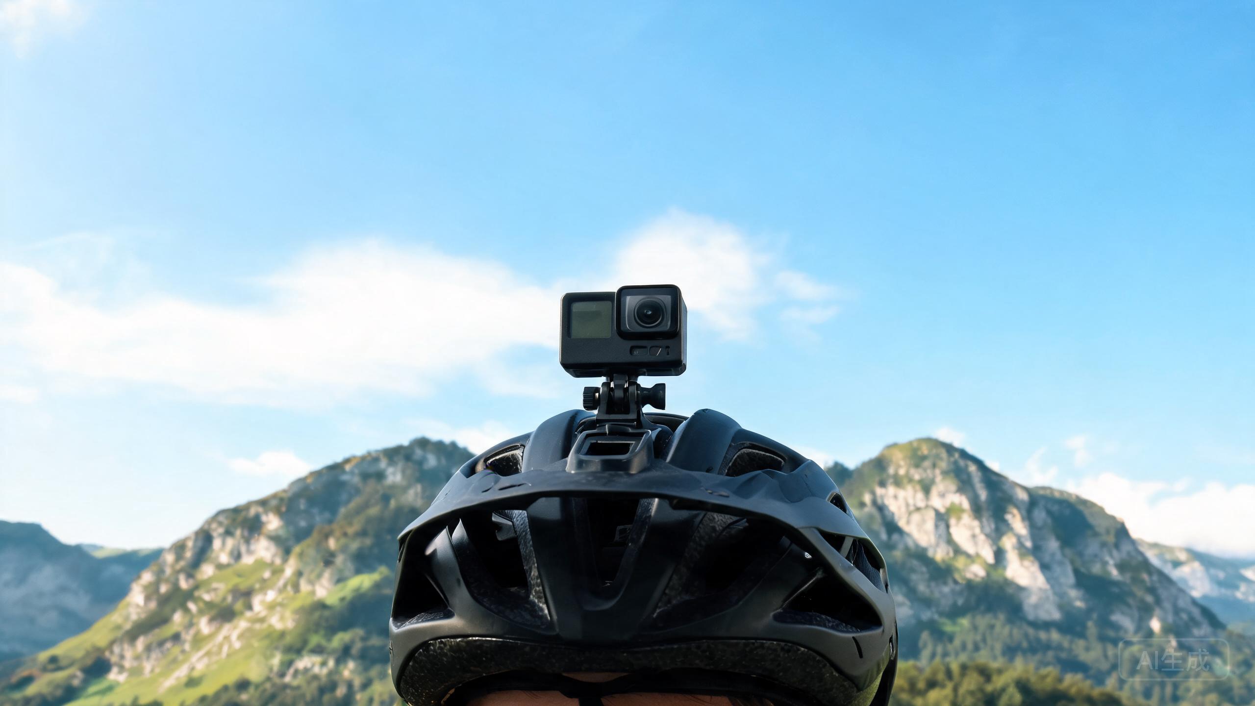 An action camera mounted on a helmet during an outdoor activity