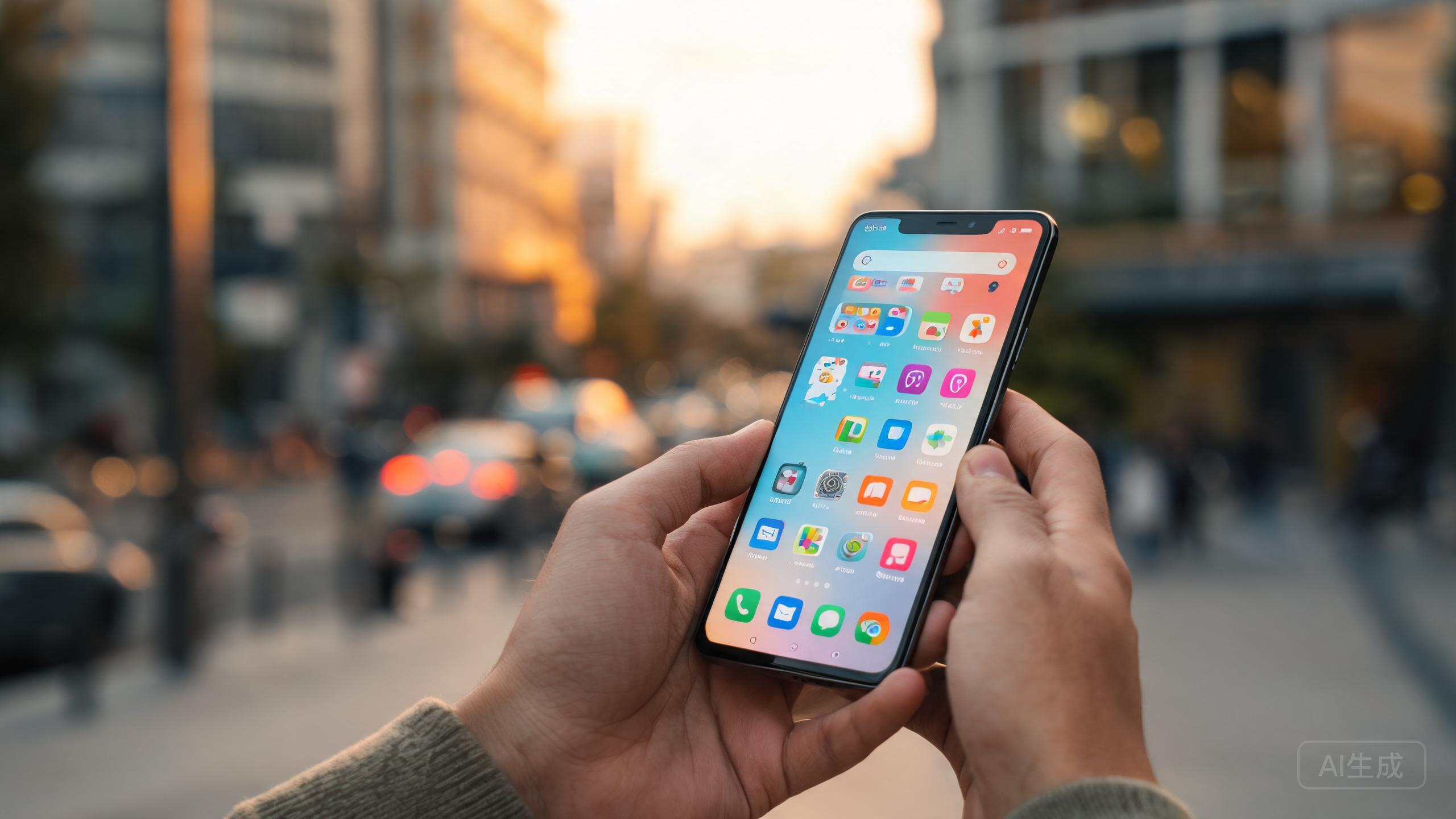 Hands holding an Android phone showing a bright home screen outdoors