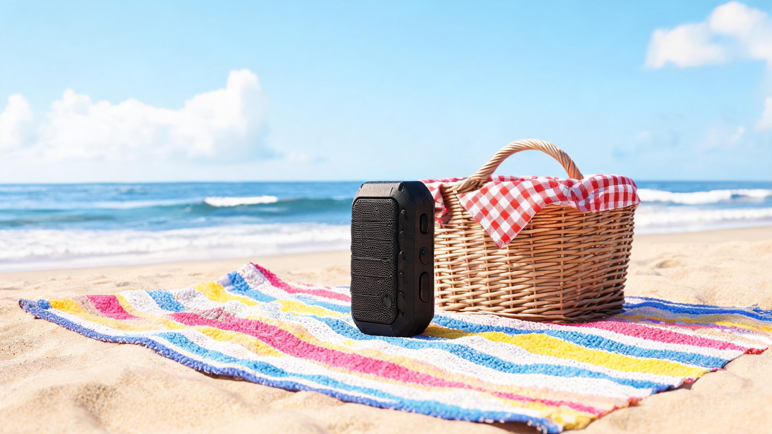 A rugged portable speaker on a beach blanket near a picnic basket