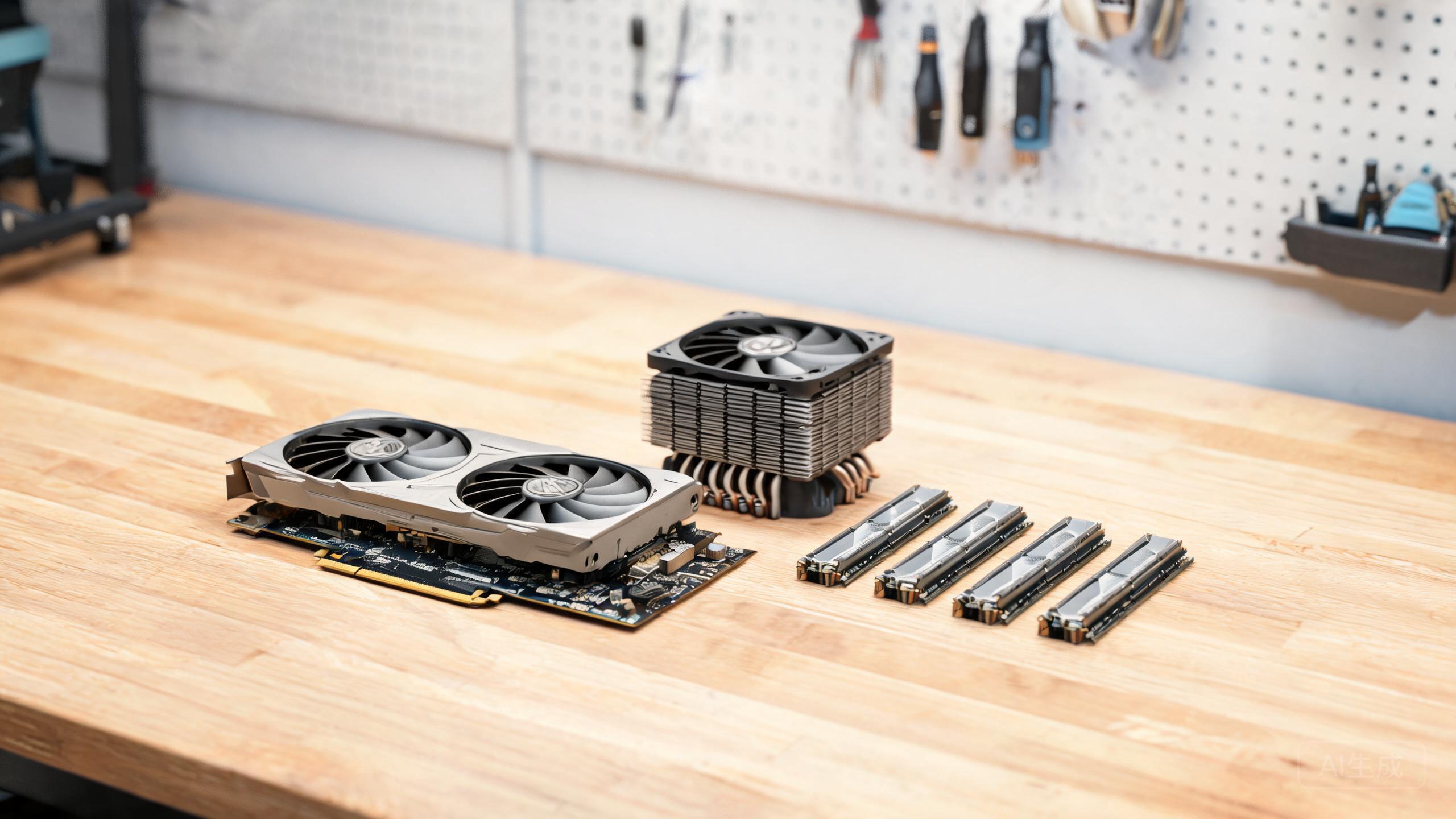 PC components and a graphics card laid out on a workbench
