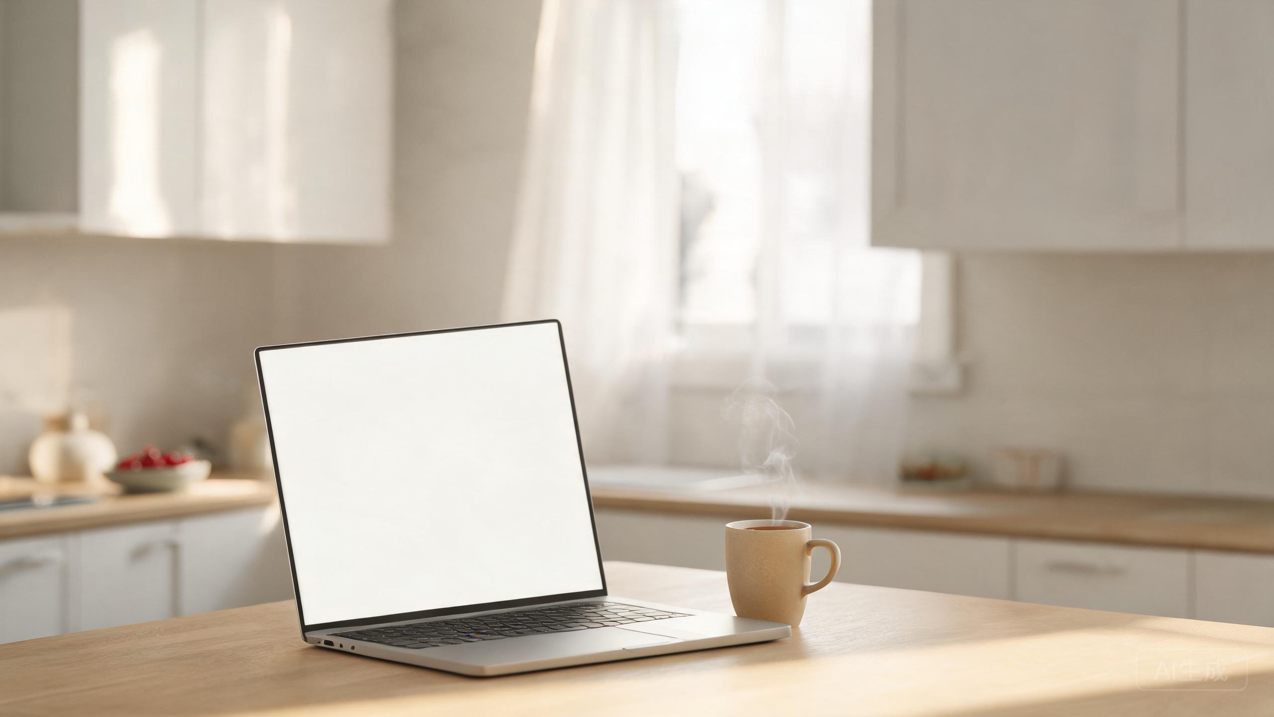 An affordable laptop on a kitchen table beside a mug