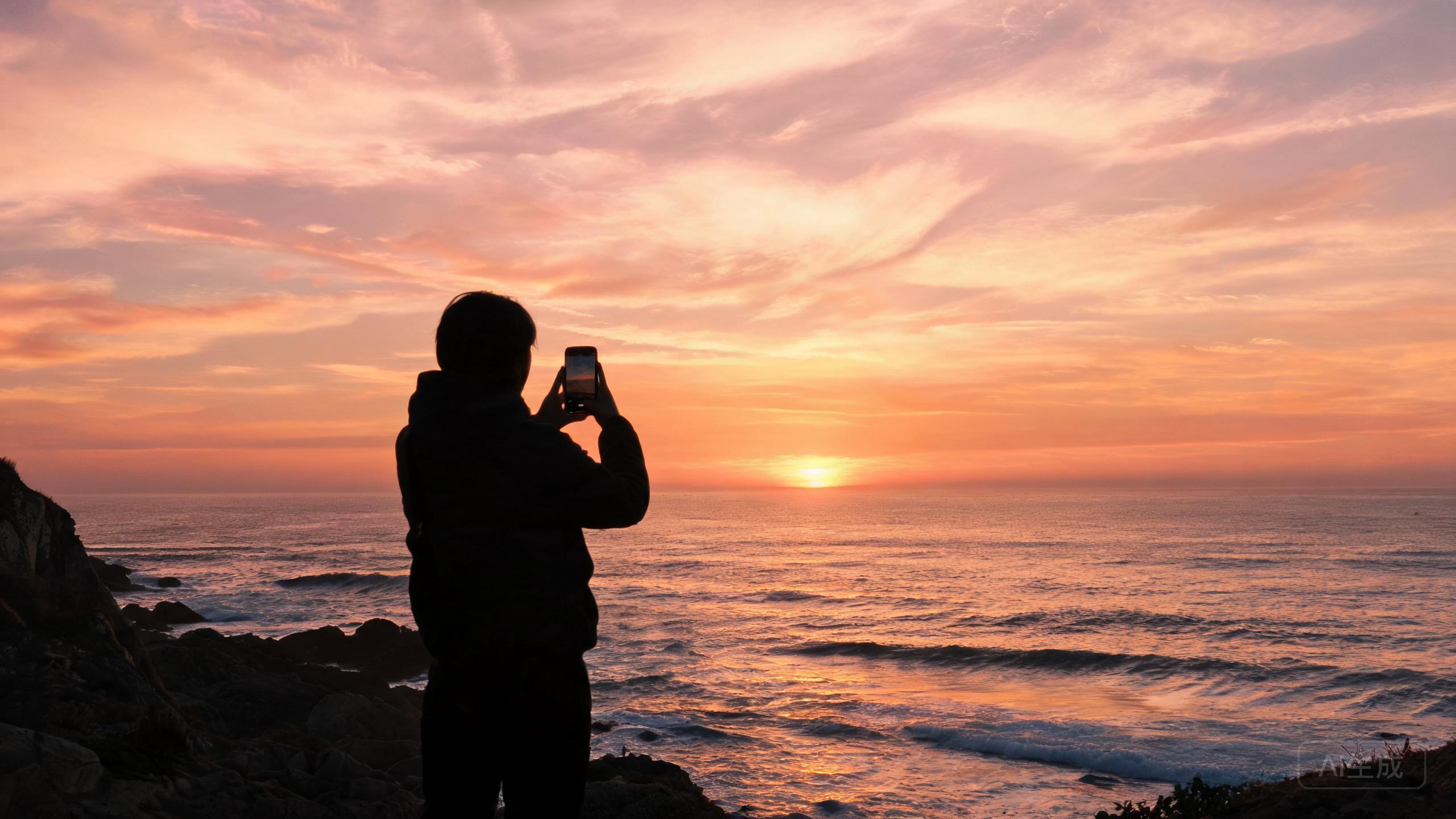 A phone photographing a scenic coastal sunset while held in a hand