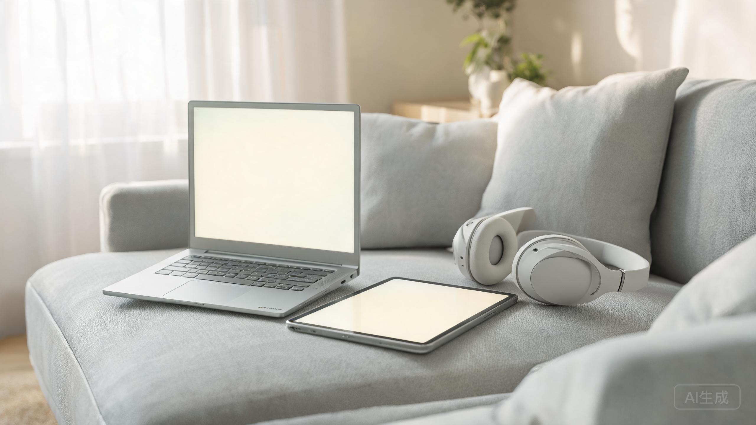 A compact Chromebook on a sofa beside a tablet and headphones
