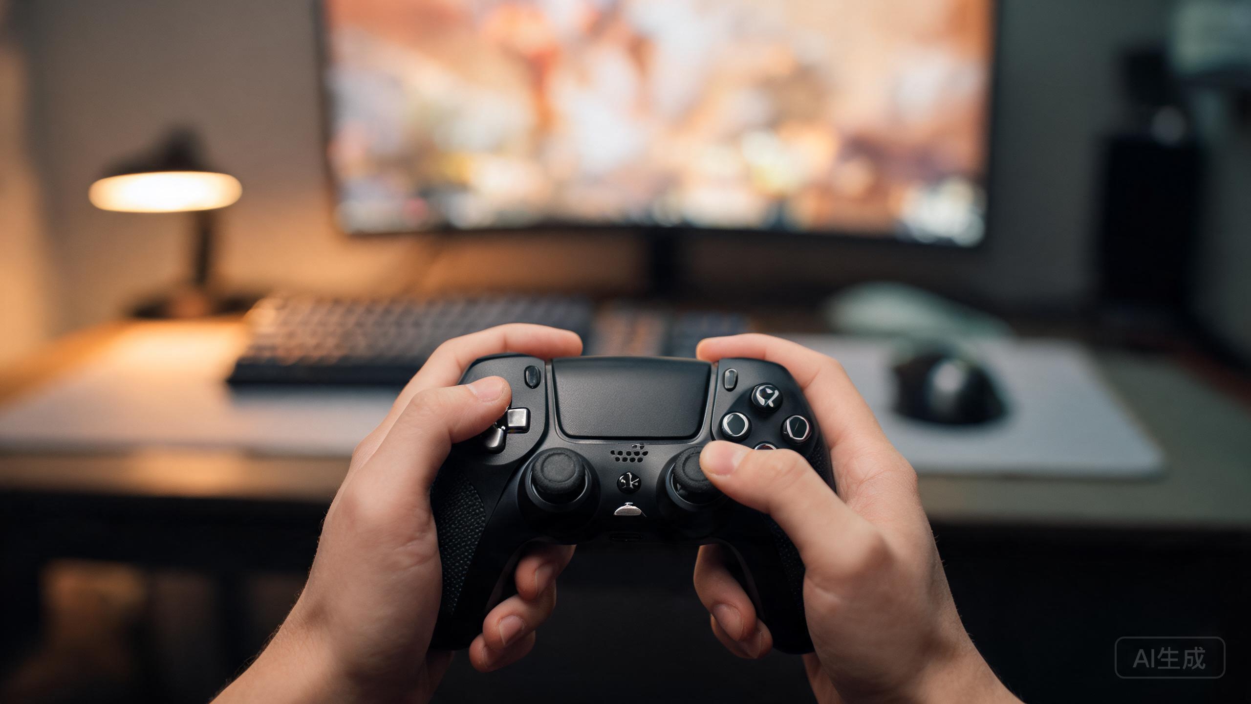 A premium game controller held in two hands in front of a desk