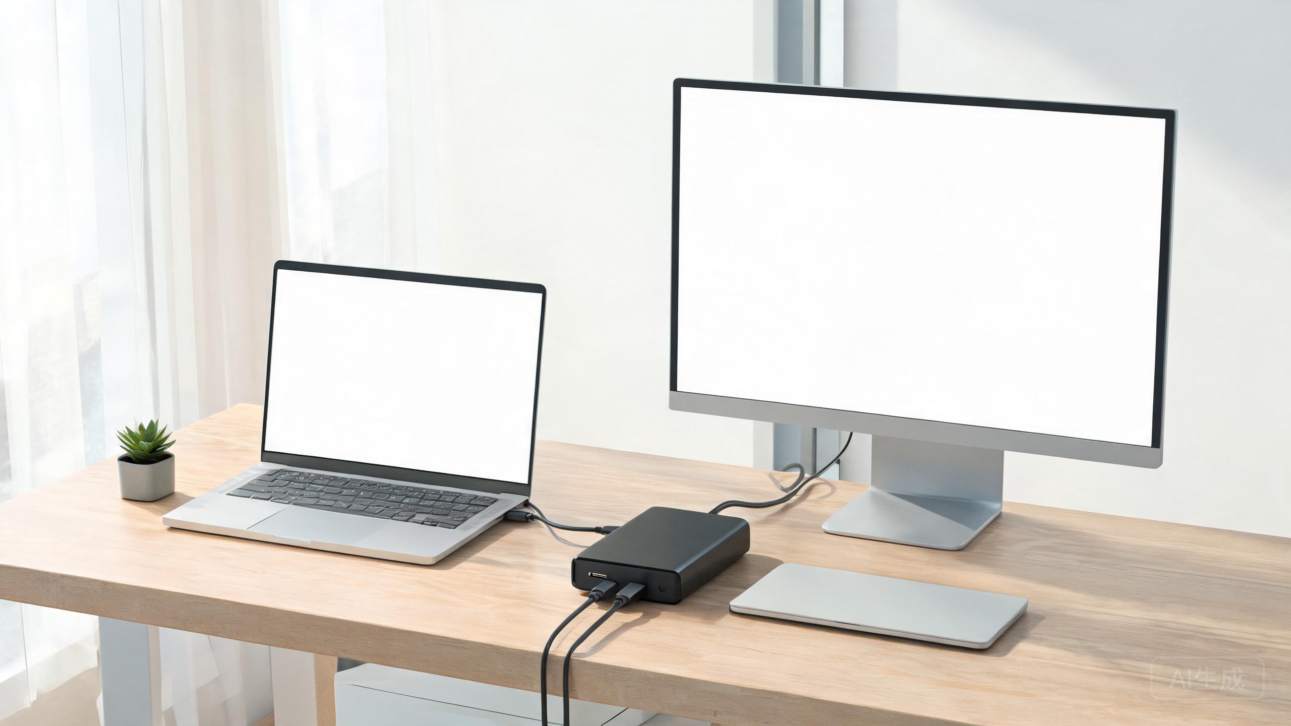 A sleek docking station on a desk with a laptop and monitor
