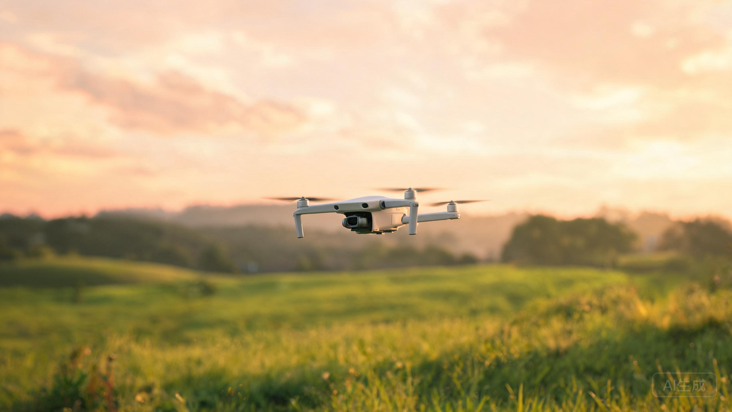 A compact drone hovering above a scenic field at sunset