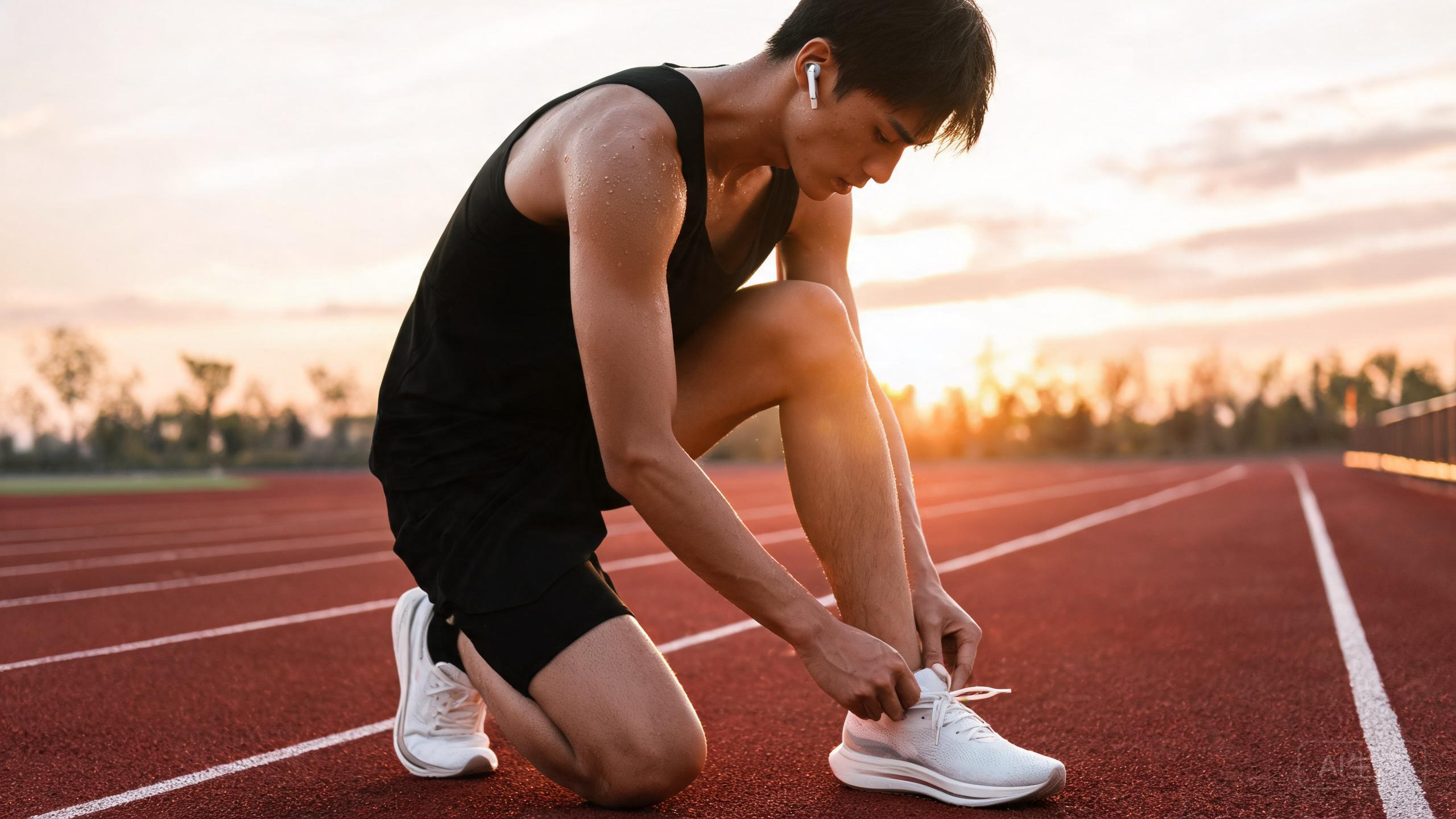 A runner wearing earbuds lacing shoes on a track at sunrise