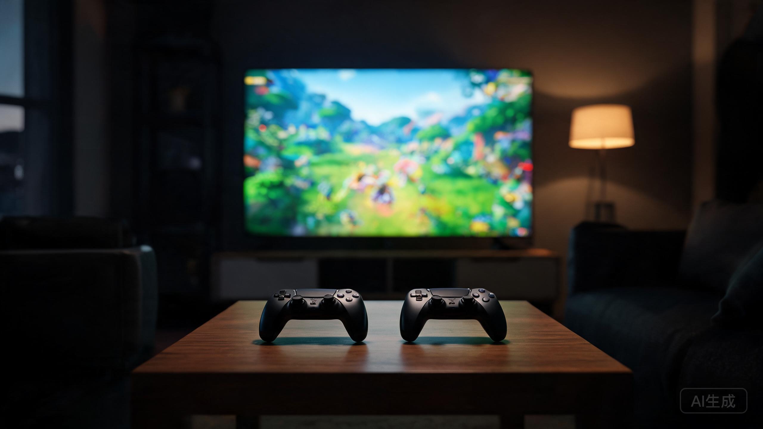 Game controllers on a coffee table in front of a TV with a glowing screen