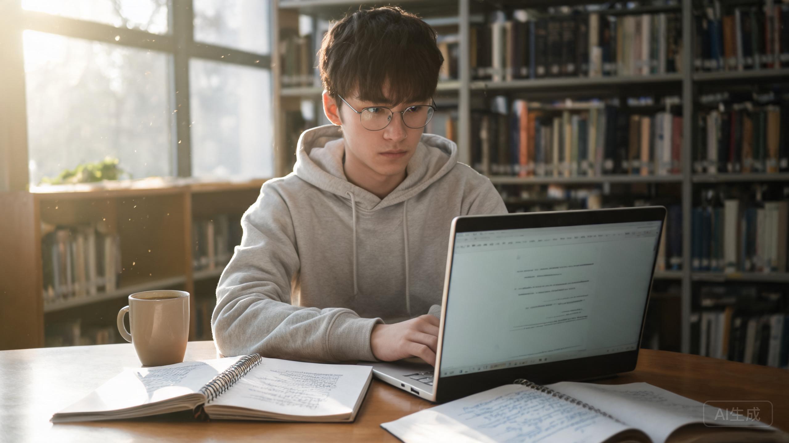 A student working on a laptop at a library desk with notebooks and coffee