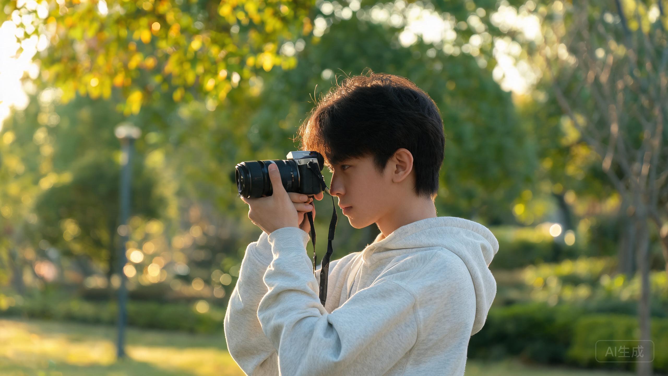 A novice photographer holding a compact mirrorless camera outdoors