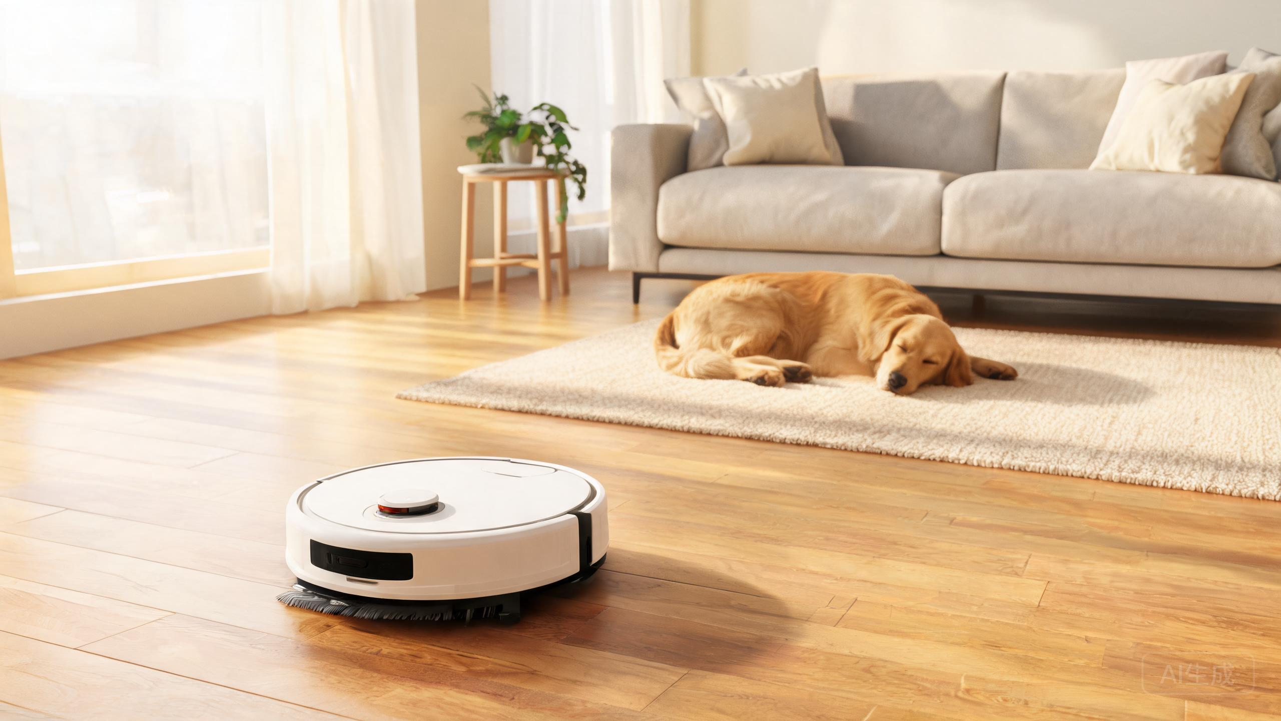 A robot vacuum cleaning a living room floor near a resting dog