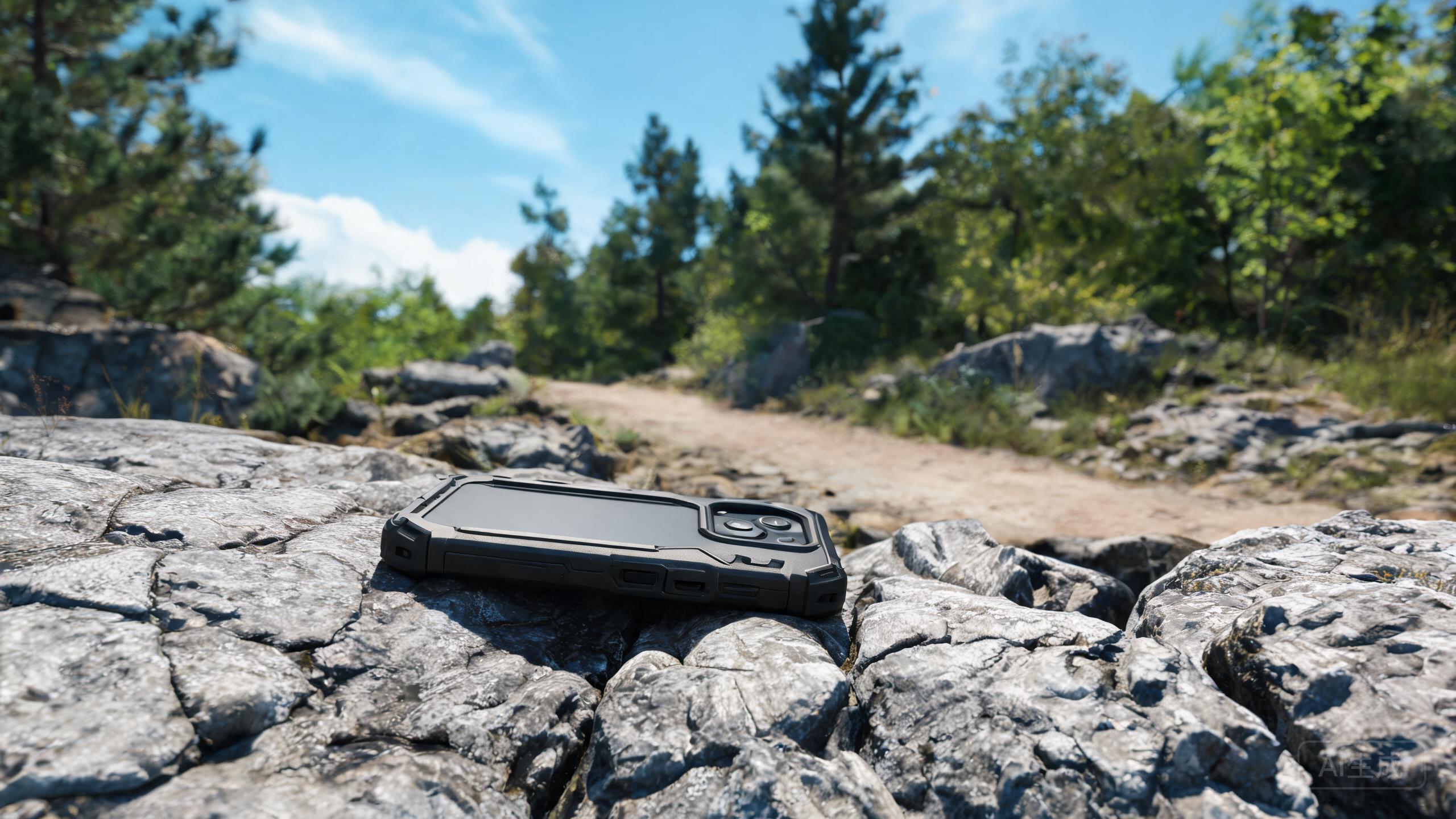 A rugged phone with a thick case lying on rocks outdoors