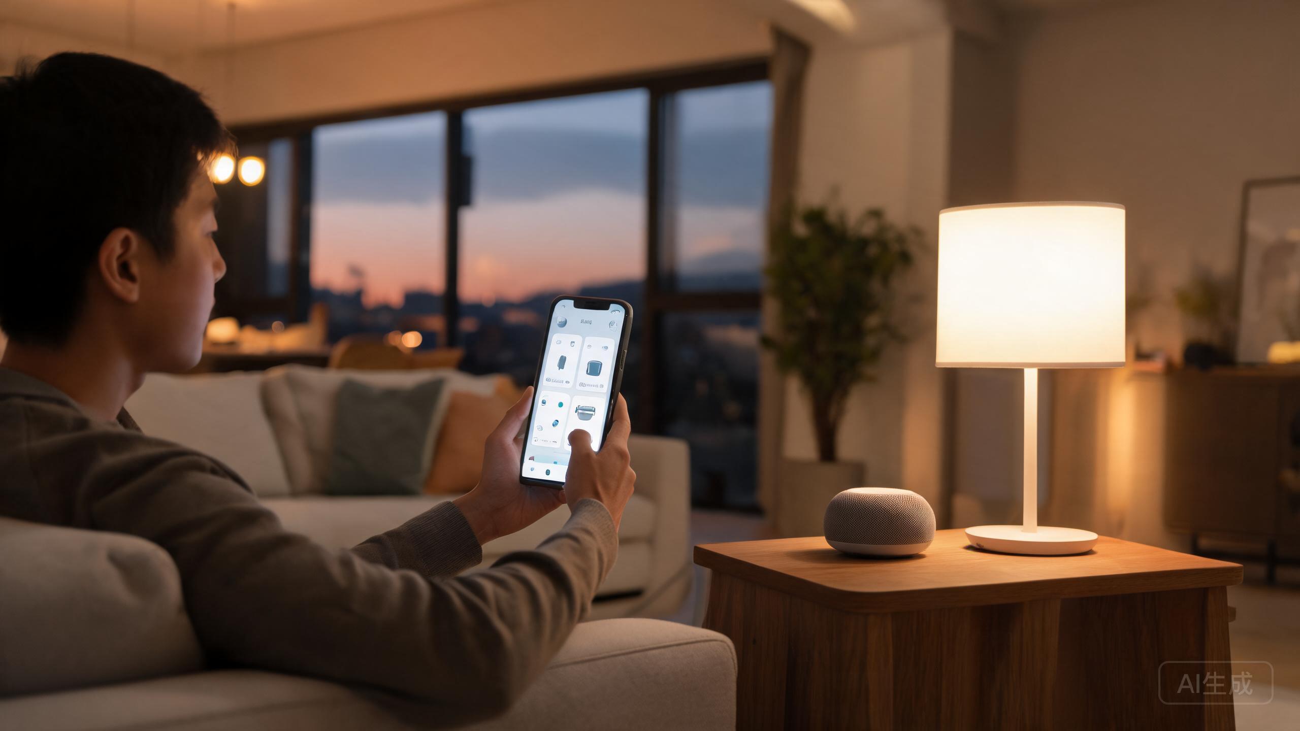 A person adjusting a smart home hub and phone app in a living room