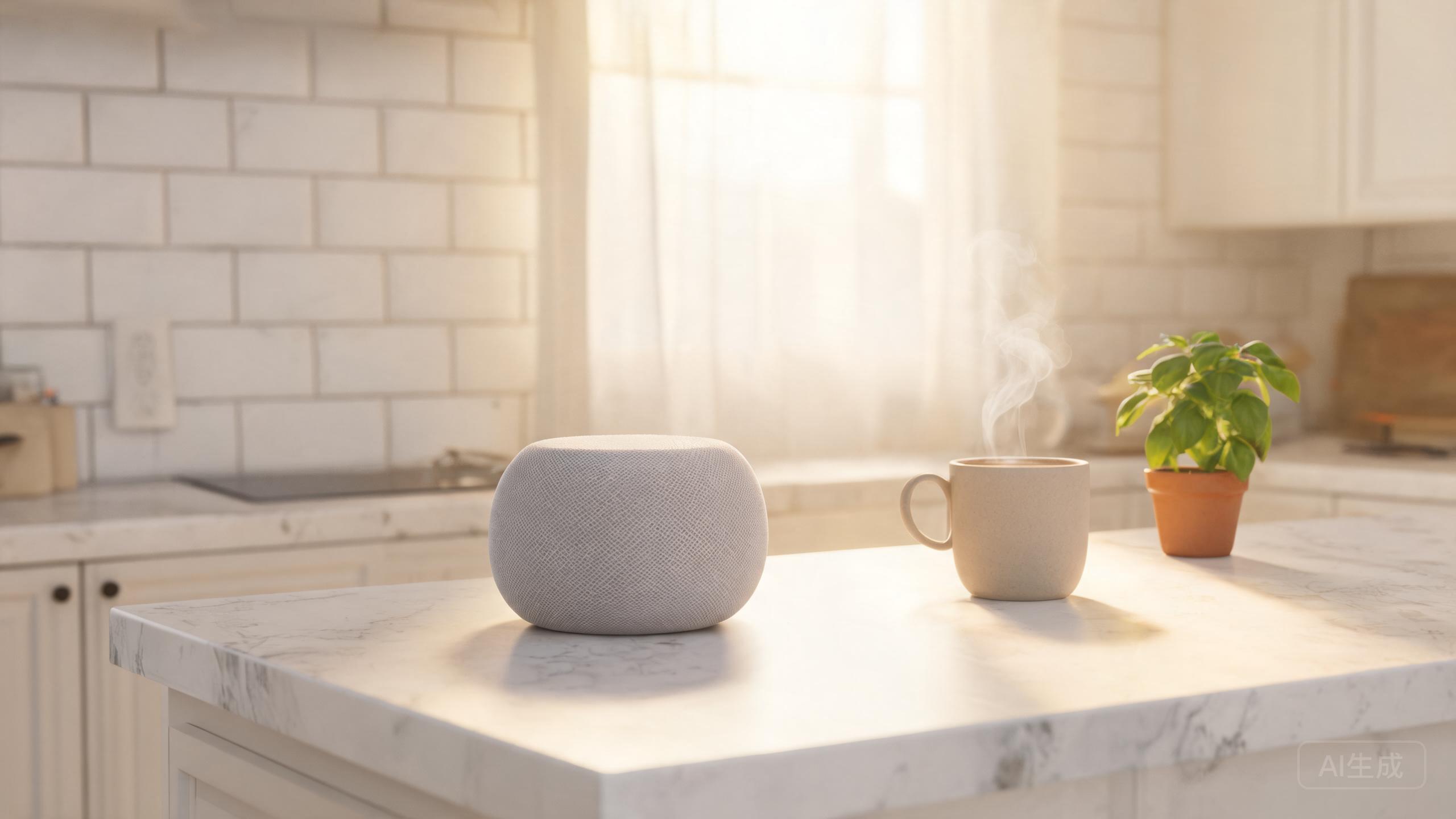 A smart speaker on a kitchen counter with soft morning light