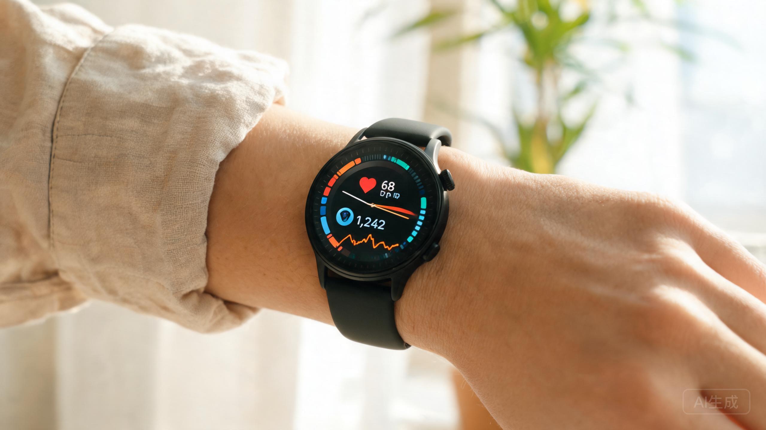 A modern smartwatch on a wrist showing a fitness face