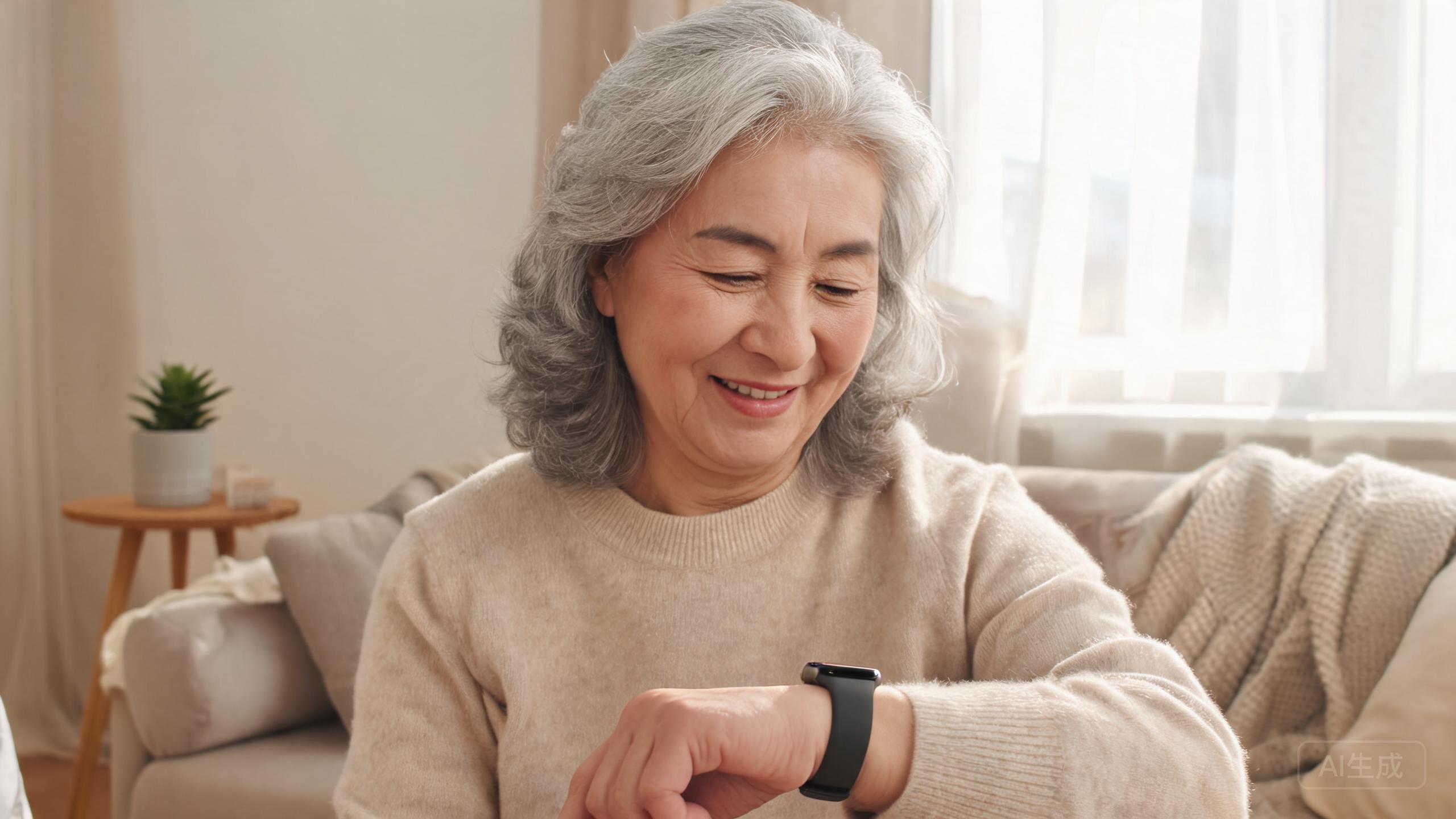 An older adult wearing a smartwatch while smiling in a bright room