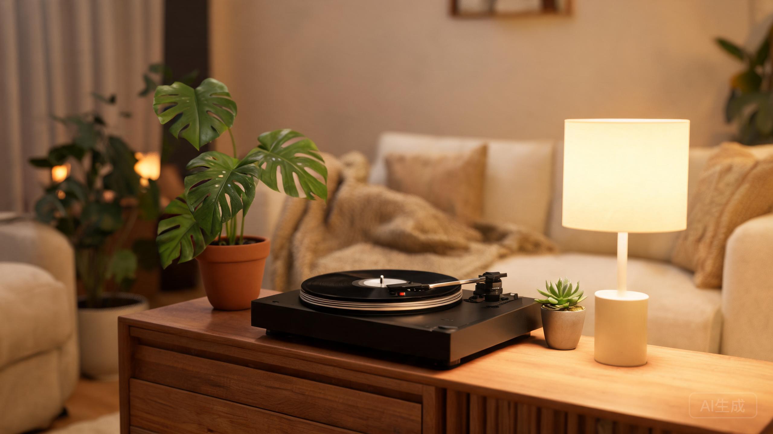 A stylish turntable playing a vinyl record in a cozy living room