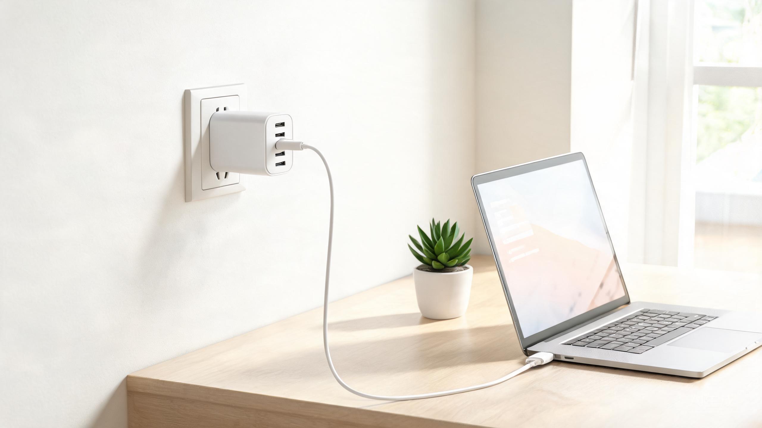 A compact multi-port USB-C charger plugged into an outlet on a desk
