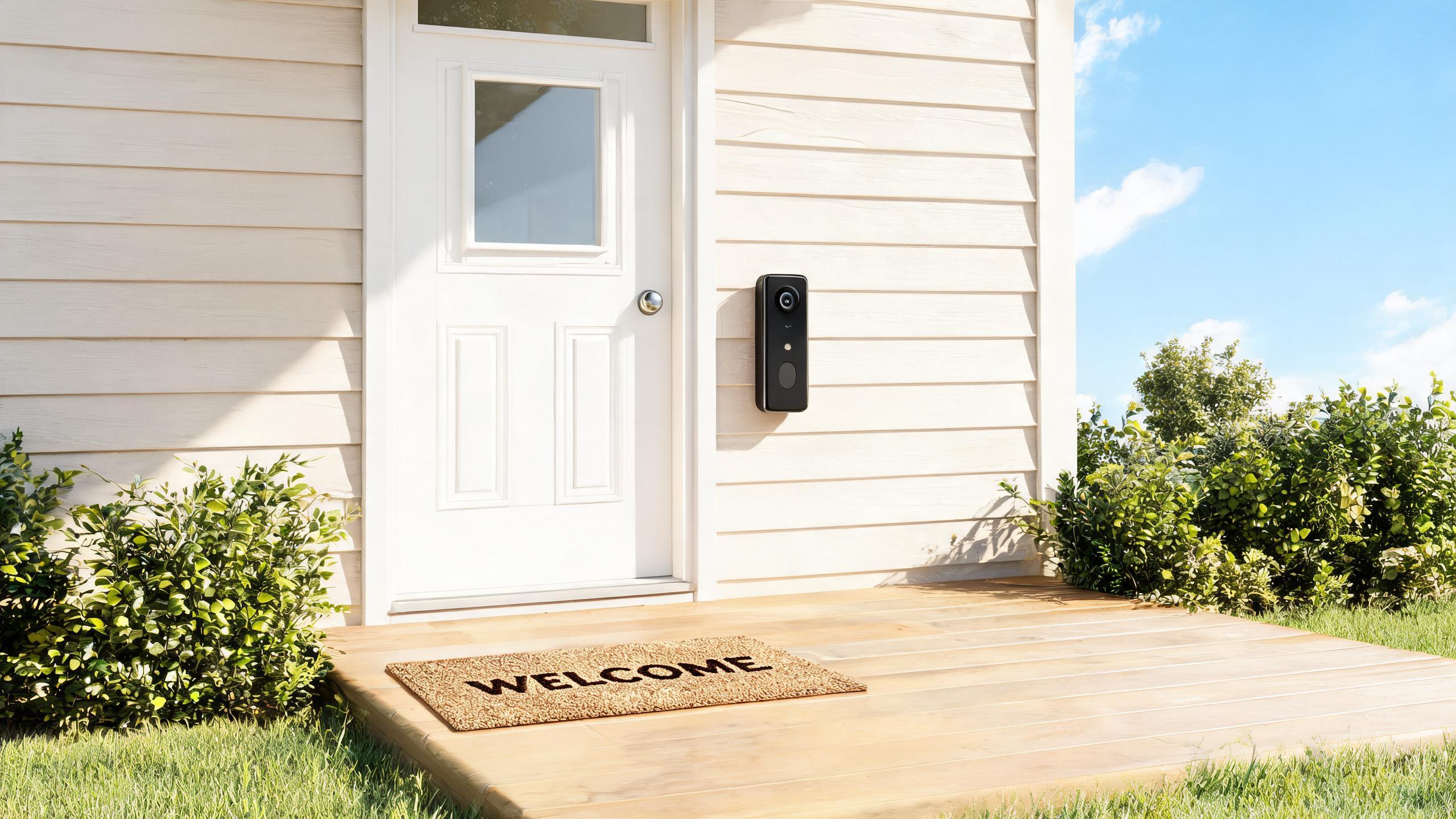 A video doorbell mounted beside a front door in daylight