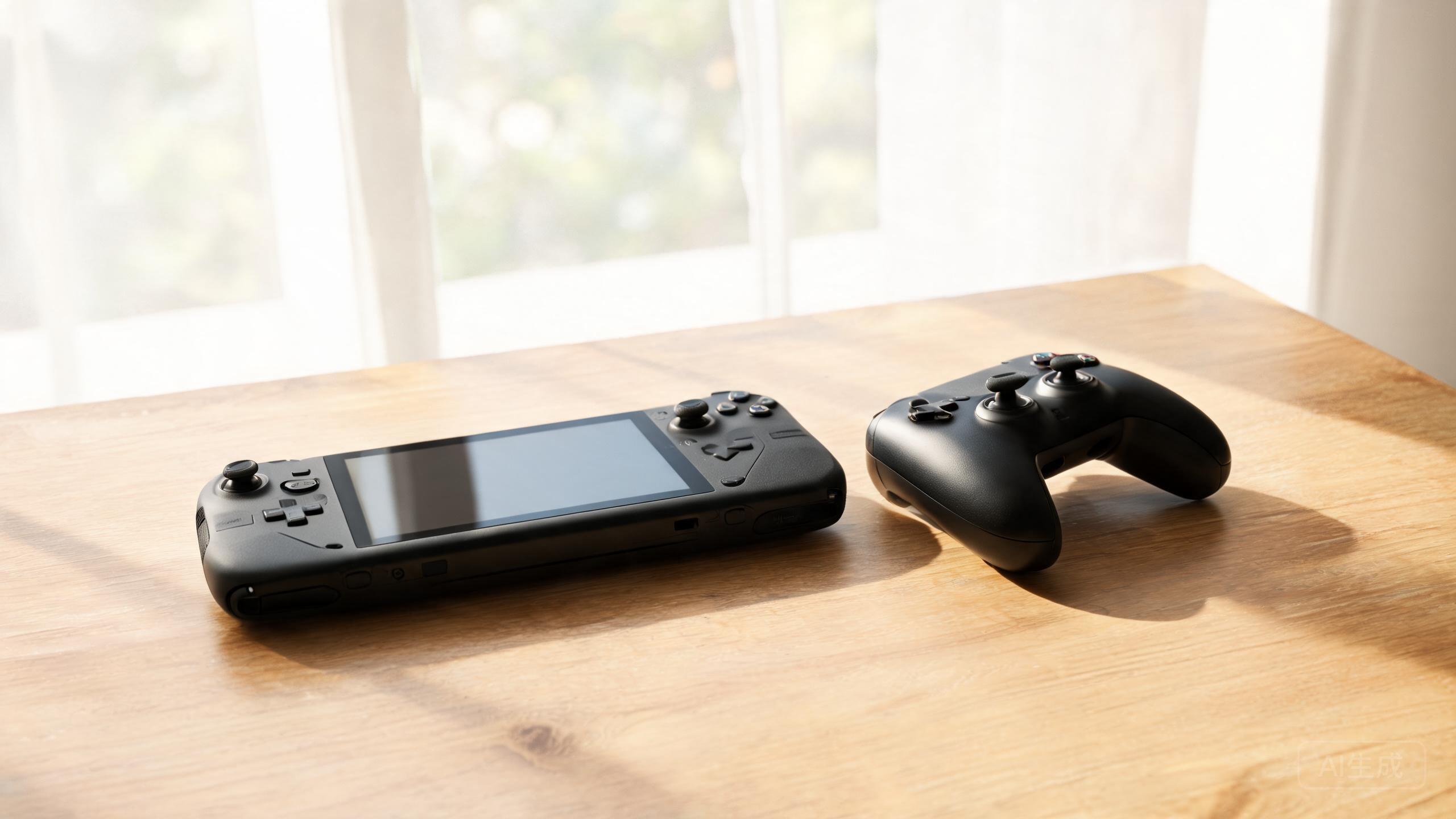 A handheld gaming device on a table next to a controller